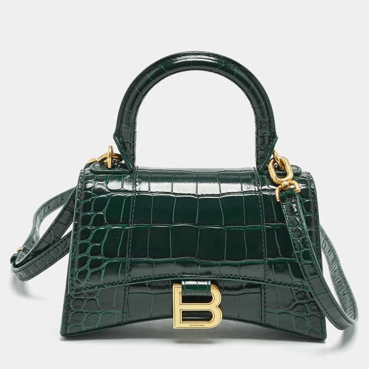 Pre Owned Balenciaga Green Croc Embossed Leather XS Hourglass Top Handle Bag