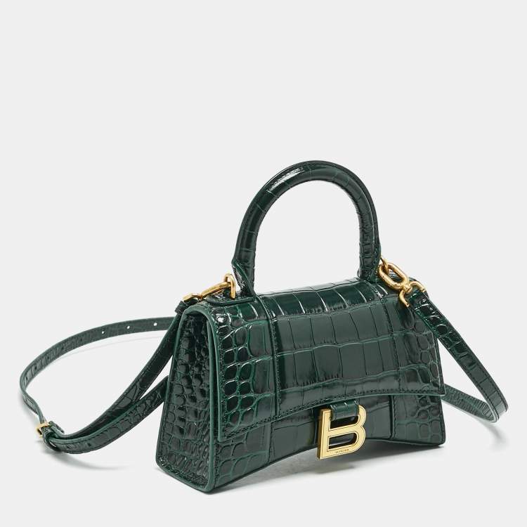 Pre Owned Balenciaga Green Croc Embossed Leather XS Hourglass Top Handle Bag