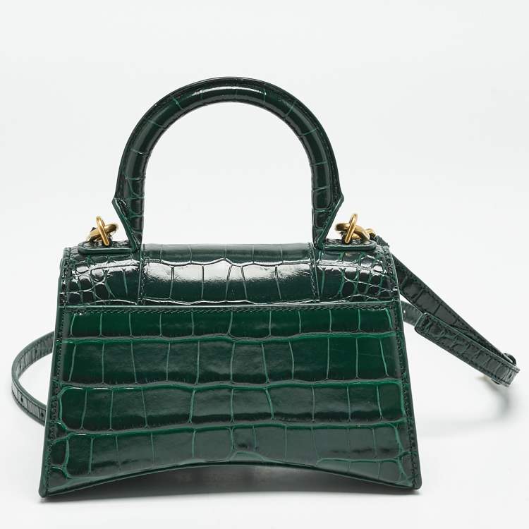 Pre Owned Balenciaga Green Croc Embossed Leather XS Hourglass Top Handle Bag