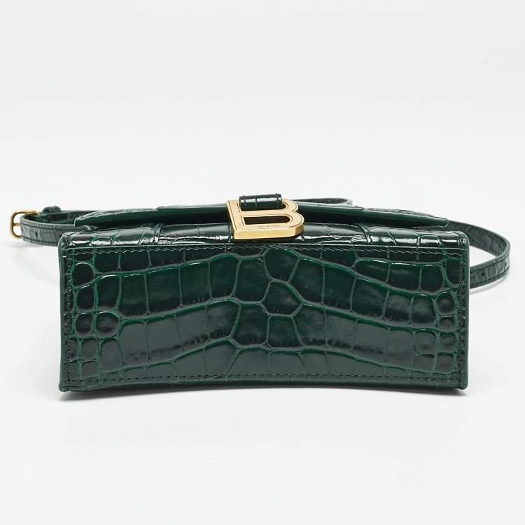 Pre Owned Balenciaga Green Croc Embossed Leather XS Hourglass Top Handle Bag