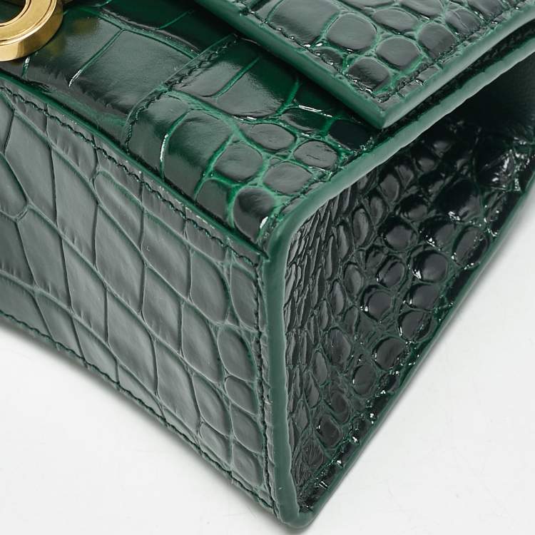Pre Owned Balenciaga Green Croc Embossed Leather XS Hourglass Top Handle Bag