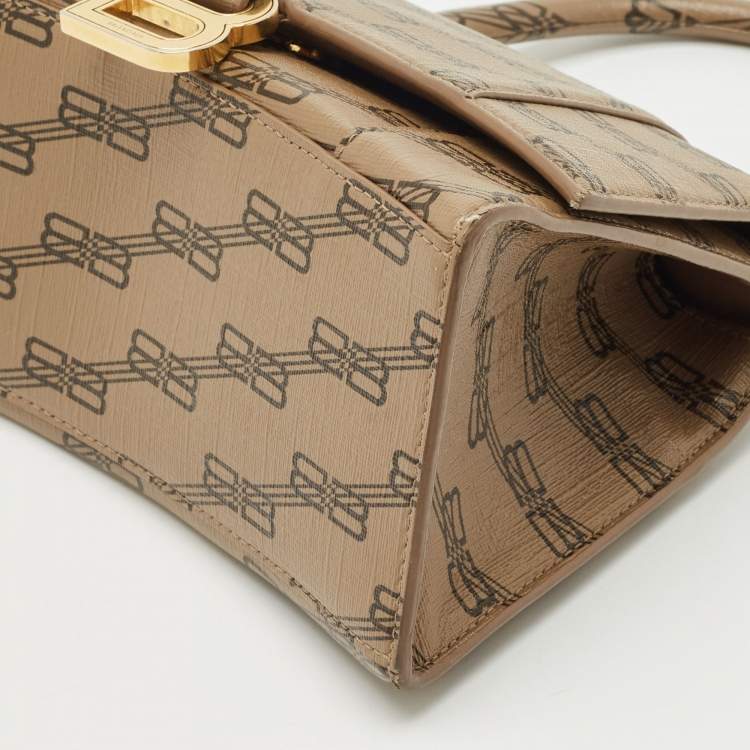 Pre Owned Balenciaga Brown BB Monogram Coated Canvas Small Hourglass Top Handle Bag