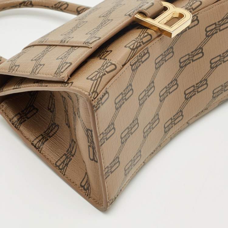 Pre Owned Balenciaga Brown BB Monogram Coated Canvas Small Hourglass Top Handle Bag