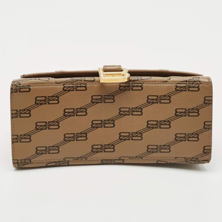 Pre Owned Balenciaga Brown BB Monogram Coated Canvas Small Hourglass Top Handle Bag