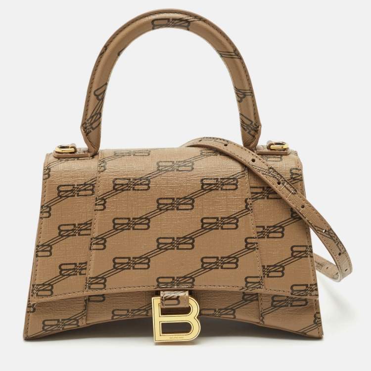 Pre Owned Balenciaga Brown BB Monogram Coated Canvas Small Hourglass Top Handle Bag