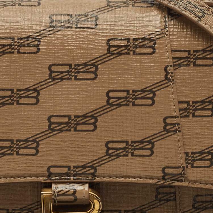 Pre Owned Balenciaga Brown BB Monogram Coated Canvas Small Hourglass Top Handle Bag