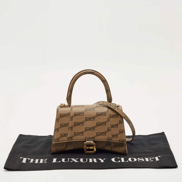 Pre Owned Balenciaga Brown BB Monogram Coated Canvas Small Hourglass Top Handle Bag