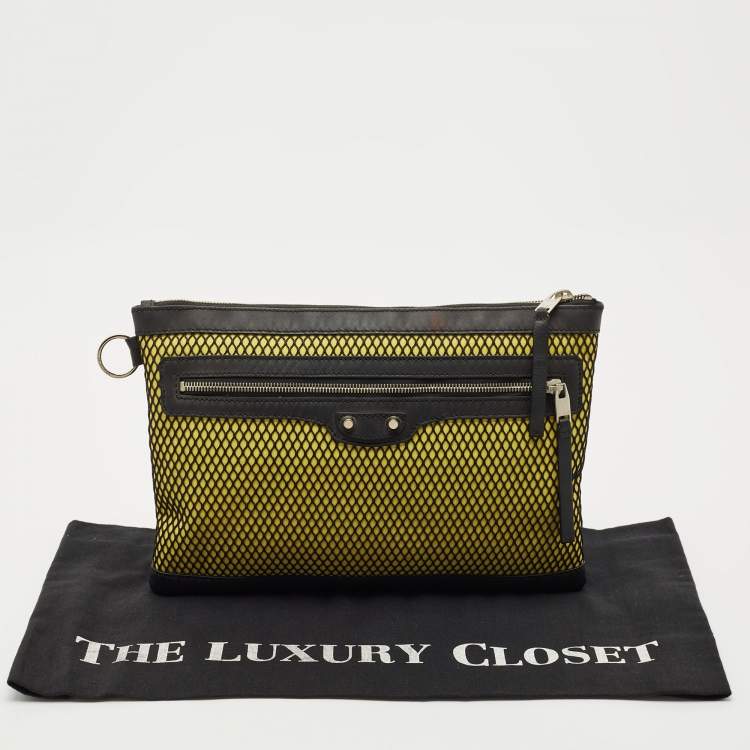 Pre Owned Balenciaga Black/Yellow Mesh Nylon and Leather Clip Clutch