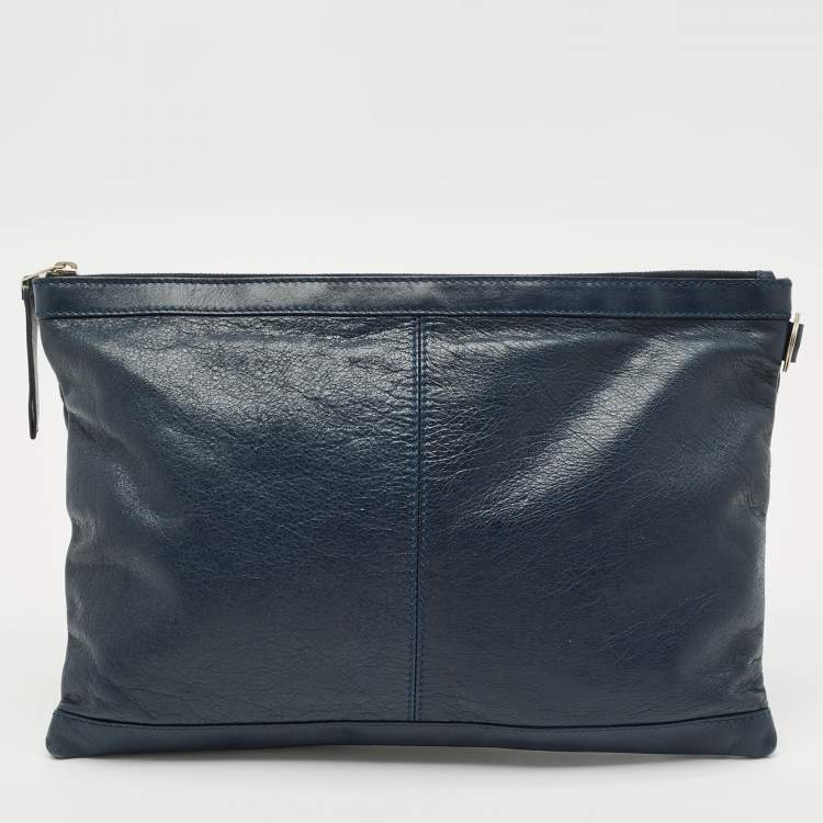 Pre Owned Balenciaga Navy Blue Leather Clip L Clutch