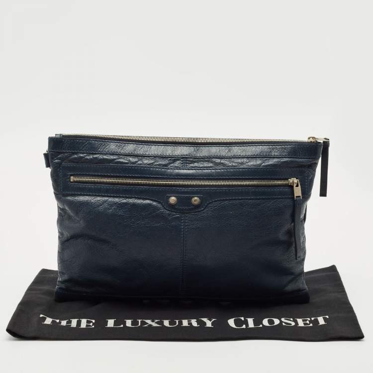Pre Owned Balenciaga Navy Blue Leather Clip L Clutch