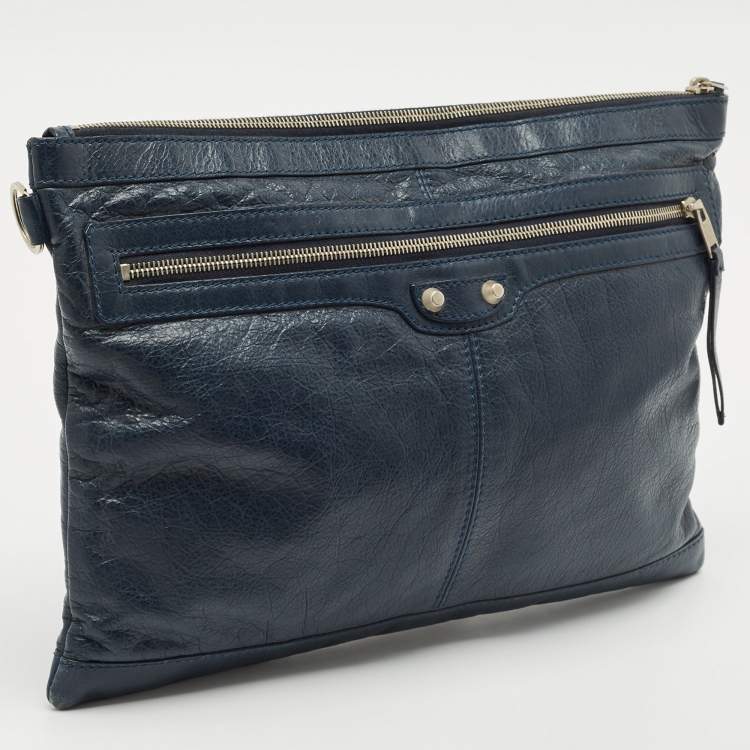 Pre Owned Balenciaga Navy Blue Leather Clip L Clutch