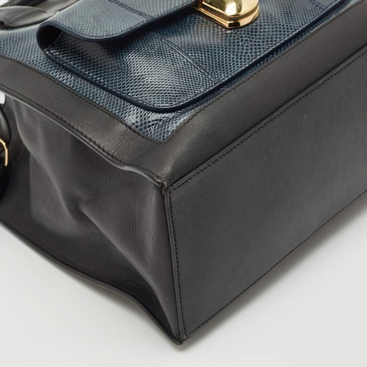 Pre Owned Balenciaga Black/Navy Blue Leather and Lizard Padlock All Afternoon Tote
