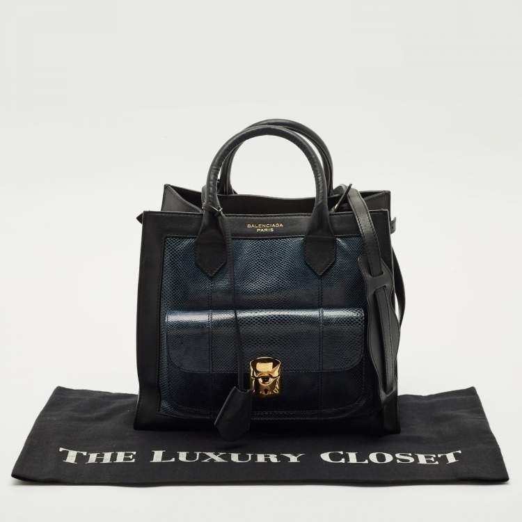 Pre Owned Balenciaga Black/Navy Blue Leather and Lizard Padlock All Afternoon Tote
