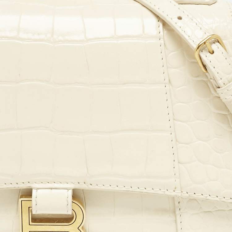 Pre Owned Balenciaga Cream Croc Embossed Leather Small Hourglass Top Handle Bag