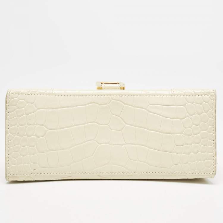 Pre Owned Balenciaga Cream Croc Embossed Leather Small Hourglass Top Handle Bag