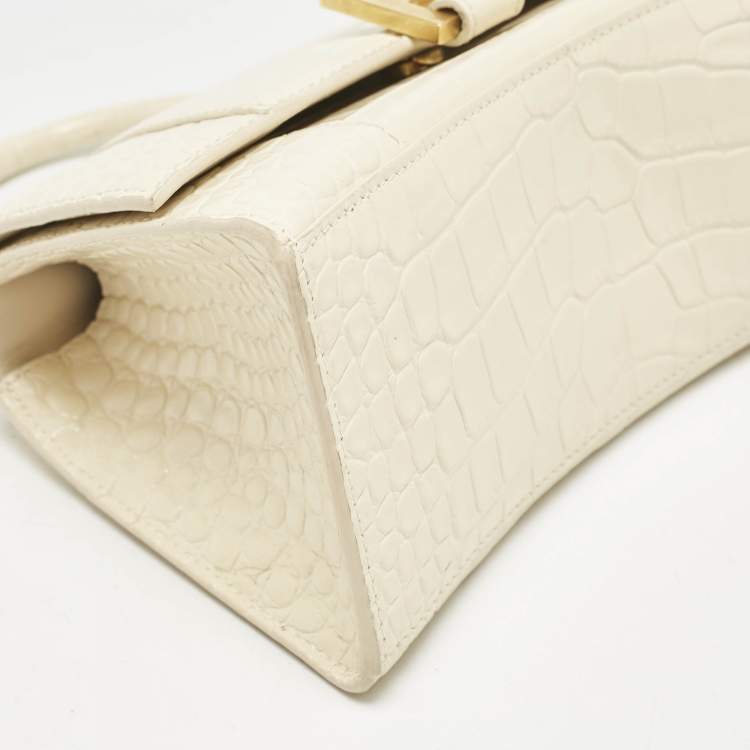 Pre Owned Balenciaga Cream Croc Embossed Leather Small Hourglass Top Handle Bag