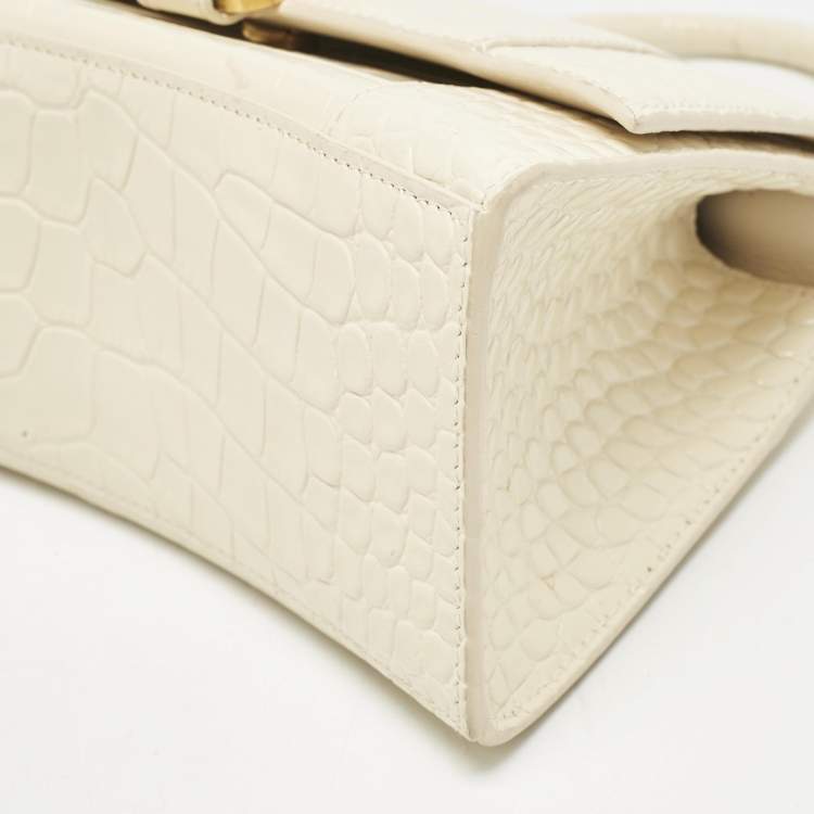 Pre Owned Balenciaga Cream Croc Embossed Leather Small Hourglass Top Handle Bag