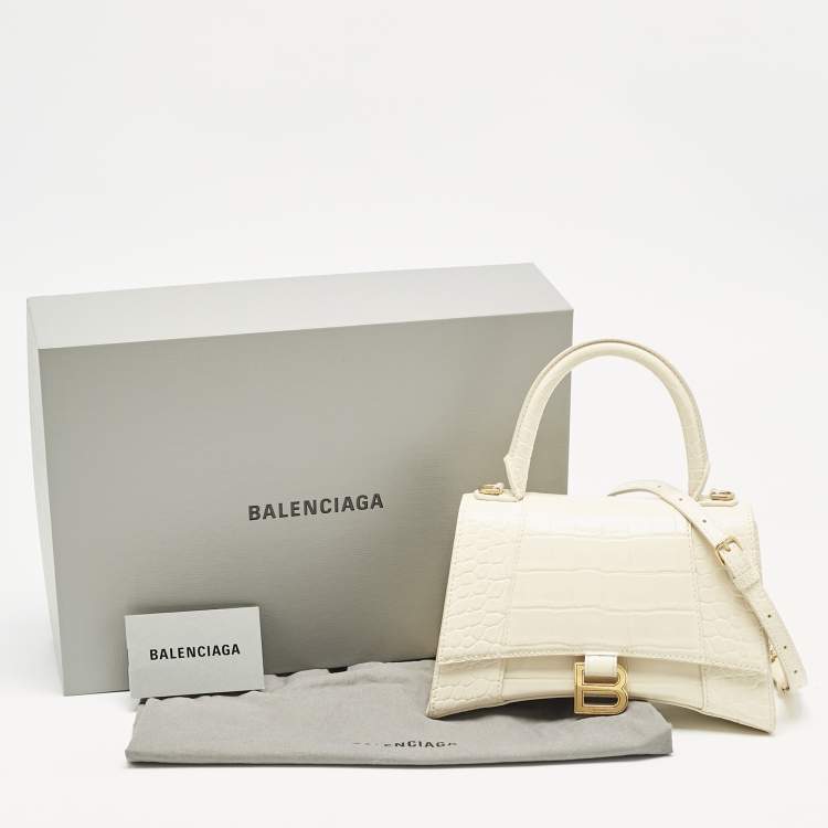 Pre Owned Balenciaga Cream Croc Embossed Leather Small Hourglass Top Handle Bag