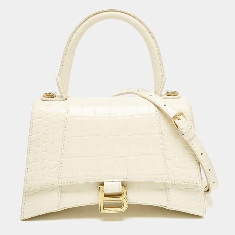 Pre Owned Balenciaga Cream Croc Embossed Leather Small Hourglass Top Handle Bag