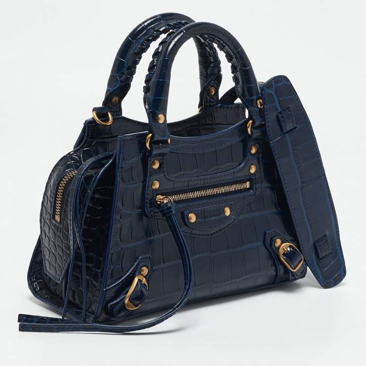 Pre Owned Balenciaga Navy Blue Croc Embossed Leather Mini Neo Classic City Tote