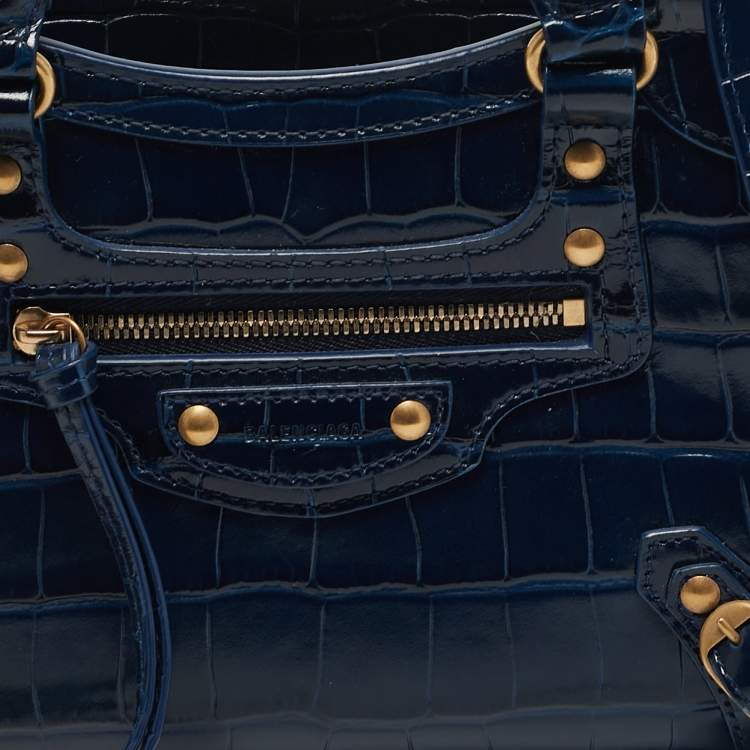 Pre Owned Balenciaga Navy Blue Croc Embossed Leather Mini Neo Classic City Tote
