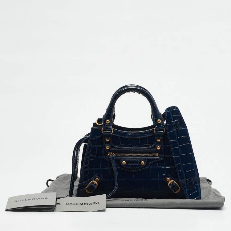Pre Owned Balenciaga Navy Blue Croc Embossed Leather Mini Neo Classic City Tote