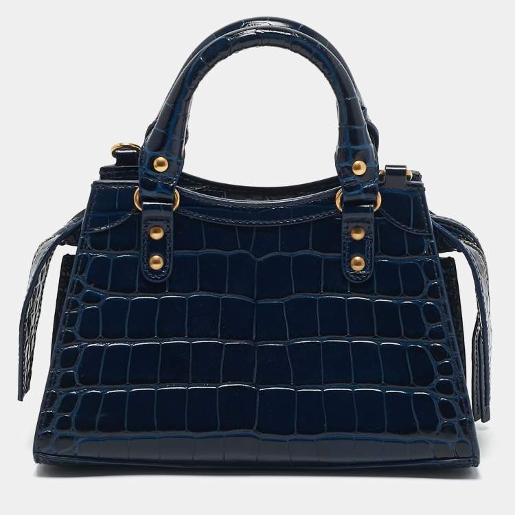 Pre Owned Balenciaga Navy Blue Croc Embossed Leather Mini Neo Classic City Tote