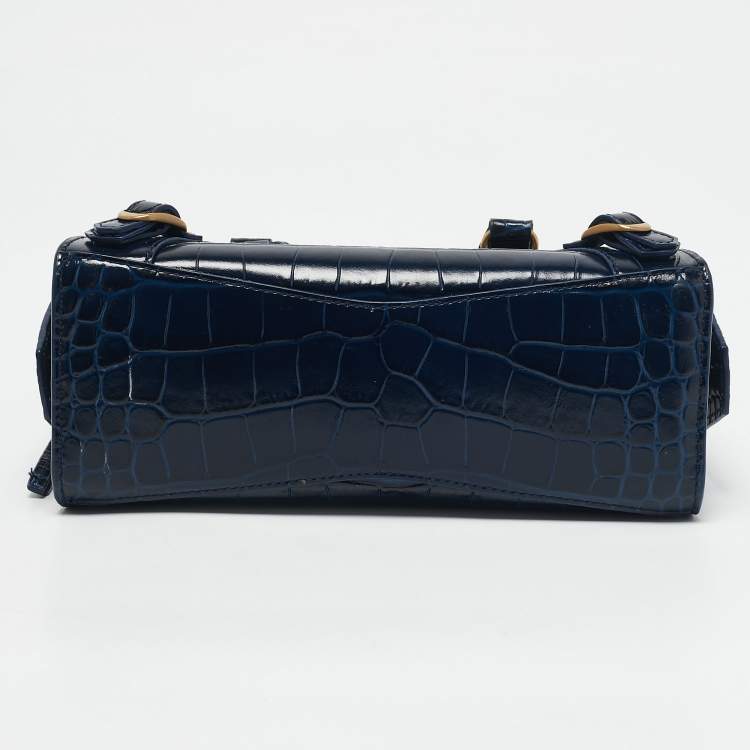 Pre Owned Balenciaga Navy Blue Croc Embossed Leather Mini Neo Classic City Tote