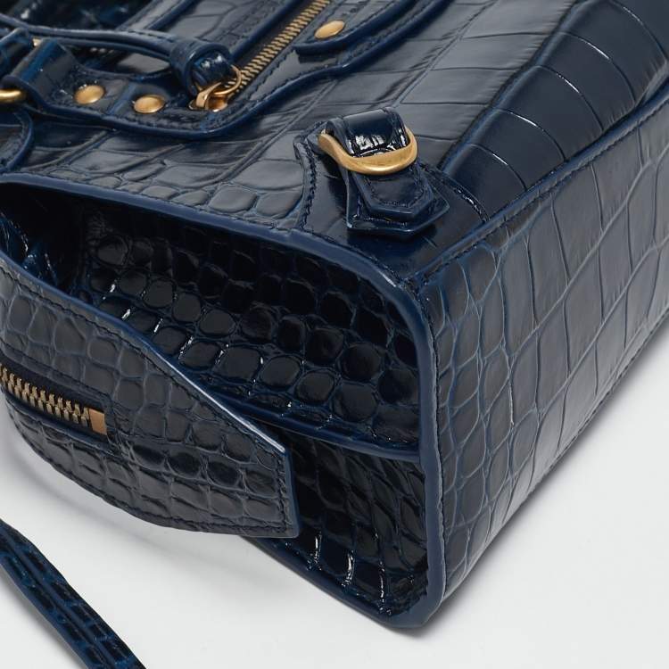 Pre Owned Balenciaga Navy Blue Croc Embossed Leather Mini Neo Classic City Tote
