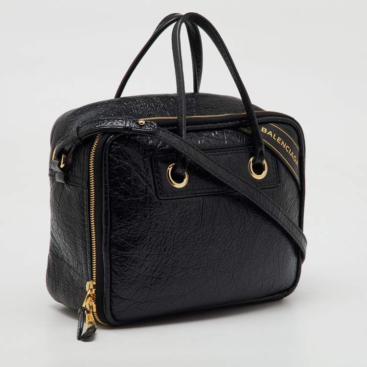 Pre Owned Balenciaga Black Crackle Leather Small Blanket Square Bag
