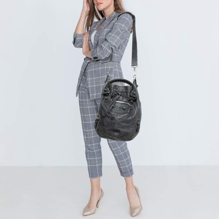 Pre Owned  Balenciaga Grey Leather Giant Brogue Pompon Hobo