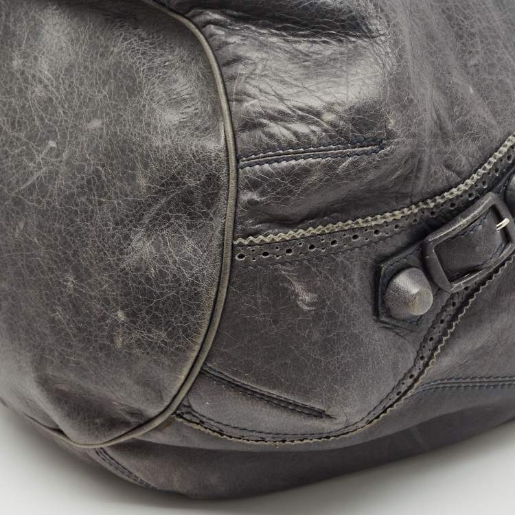Pre Owned  Balenciaga Grey Leather Giant Brogue Pompon Hobo