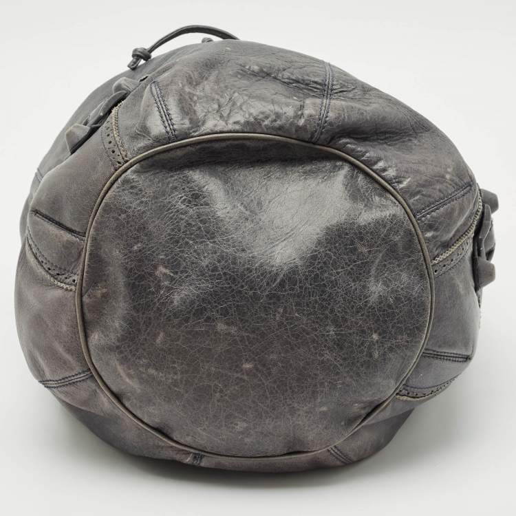 Pre Owned  Balenciaga Grey Leather Giant Brogue Pompon Hobo