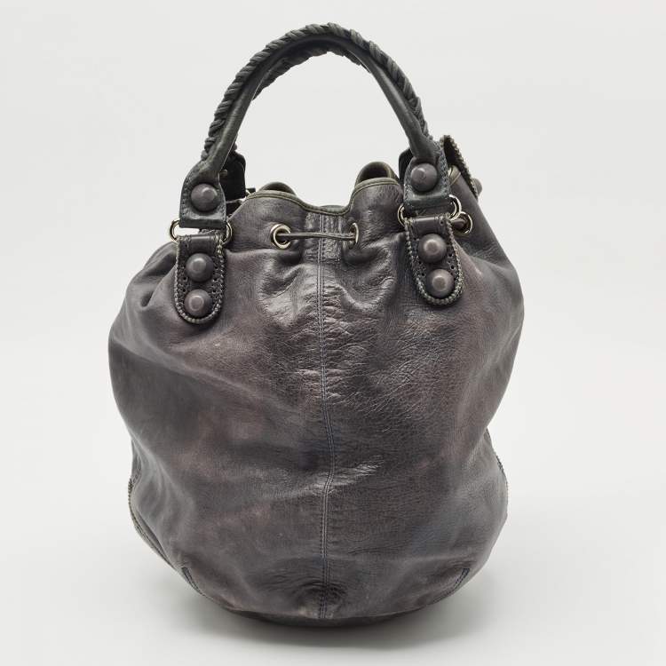 Pre Owned  Balenciaga Grey Leather Giant Brogue Pompon Hobo