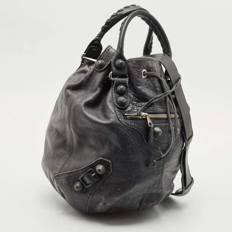 Pre Owned  Balenciaga Grey Leather Giant Brogue Pompon Hobo