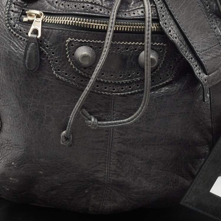 Pre Owned  Balenciaga Grey Leather Giant Brogue Pompon Hobo