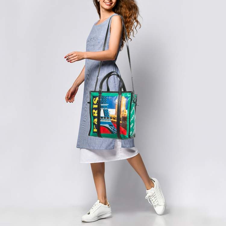 Pre Owned Balenciaga Multicolor Paris Print Leather Small Bazar Shopper Tote