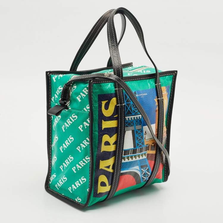 Pre Owned Balenciaga Multicolor Paris Print Leather Small Bazar Shopper Tote