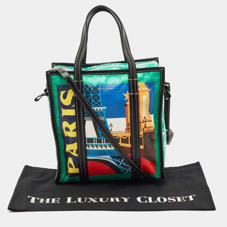 Pre Owned Balenciaga Multicolor Paris Print Leather Small Bazar Shopper Tote