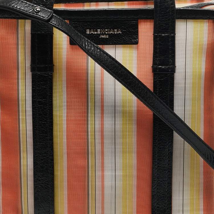 Pre Owned Balenciaga Multicolor Striped Mesh Nylon Small Bazar Shopper Tote