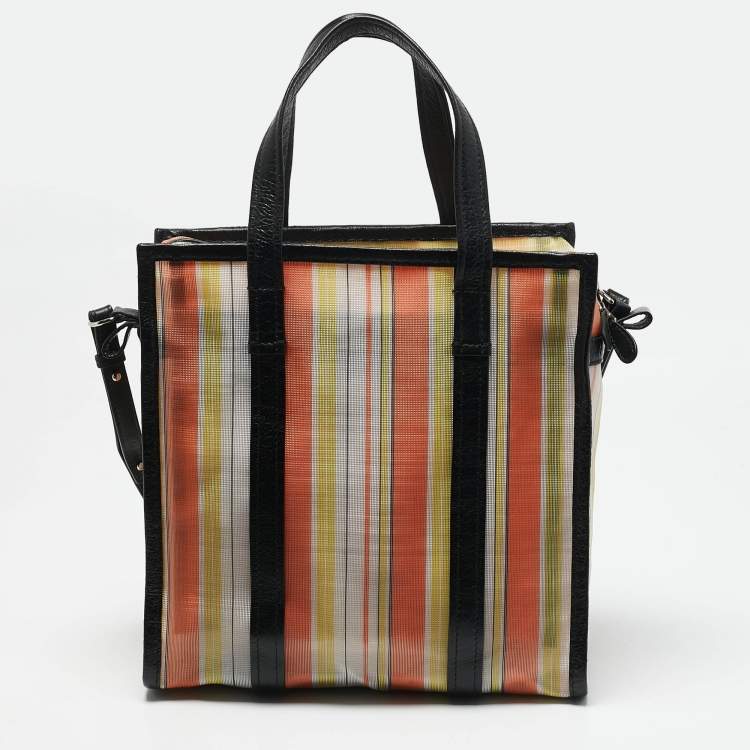 Pre Owned Balenciaga Multicolor Striped Mesh Nylon Small Bazar Shopper Tote