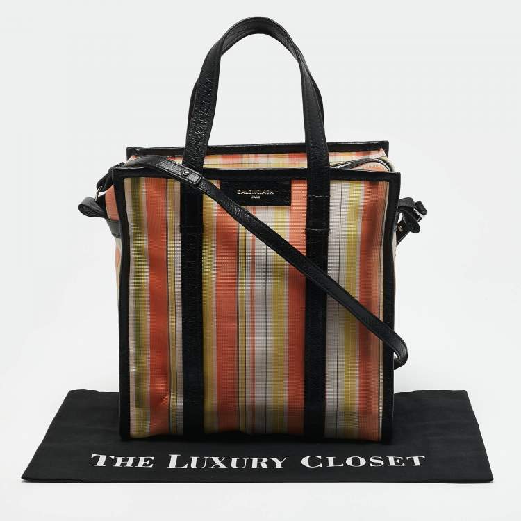 Pre Owned Balenciaga Multicolor Striped Mesh Nylon Small Bazar Shopper Tote
