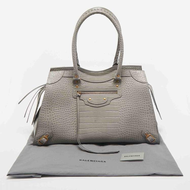 Pre Owned Balenciaga Grey Croc Embossed Leather Large Neo Classic Tote