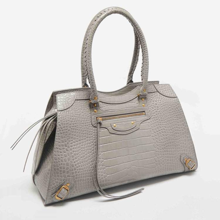 Pre Owned Balenciaga Grey Croc Embossed Leather Large Neo Classic Tote