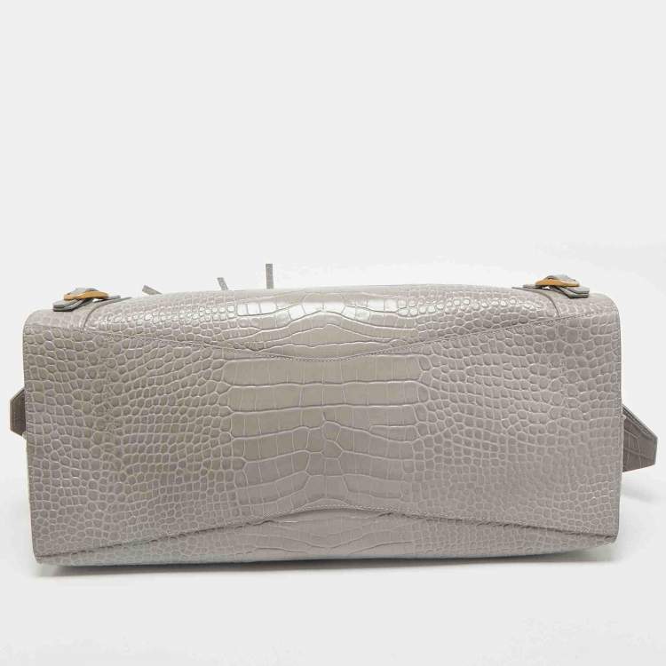 Pre Owned Balenciaga Grey Croc Embossed Leather Large Neo Classic Tote