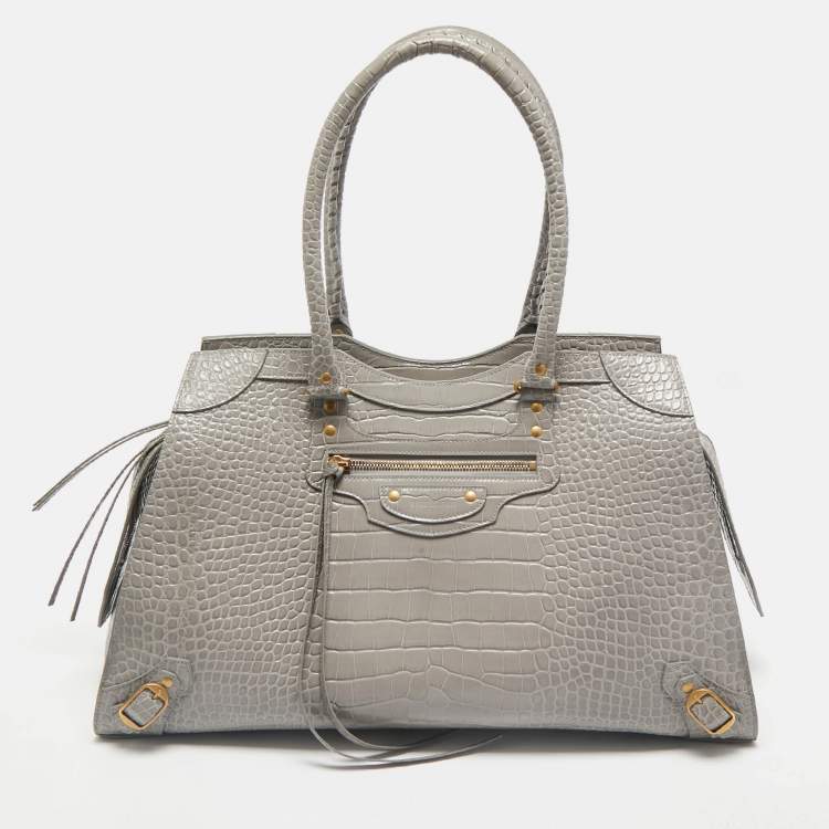Pre Owned Balenciaga Grey Croc Embossed Leather Large Neo Classic Tote