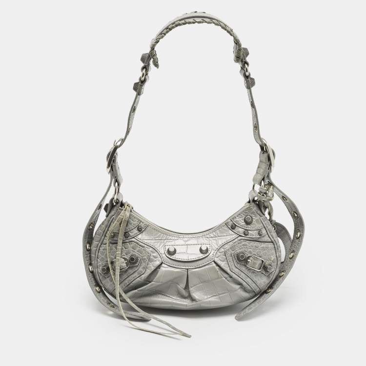 Pre Owned Balenciaga Grey Croc Embossed Leather XS Le Cagole Shoulder Bag