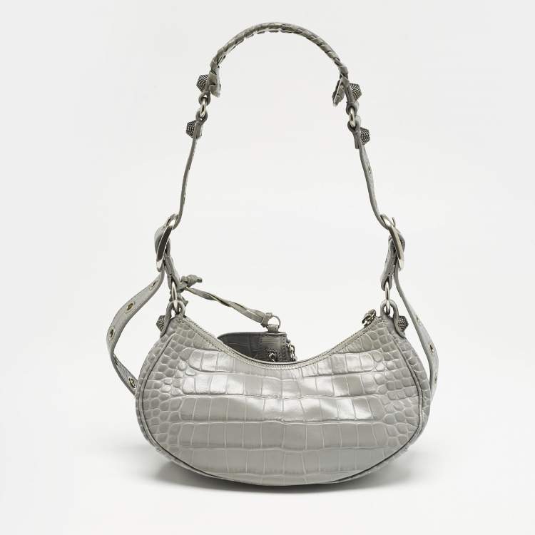 Pre Owned Balenciaga Grey Croc Embossed Leather XS Le Cagole Shoulder Bag