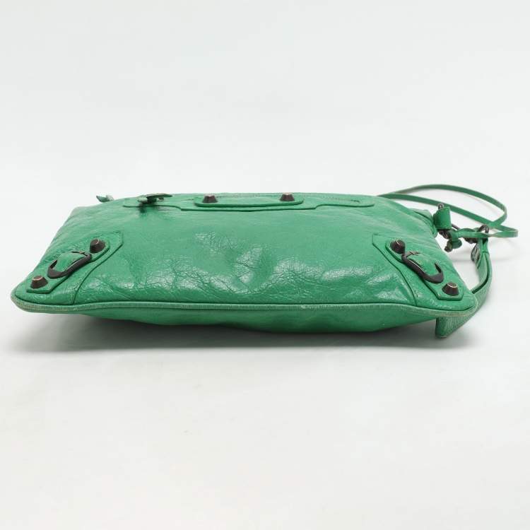 Pre Owned Balenciaga Green Leather Flat Clutch