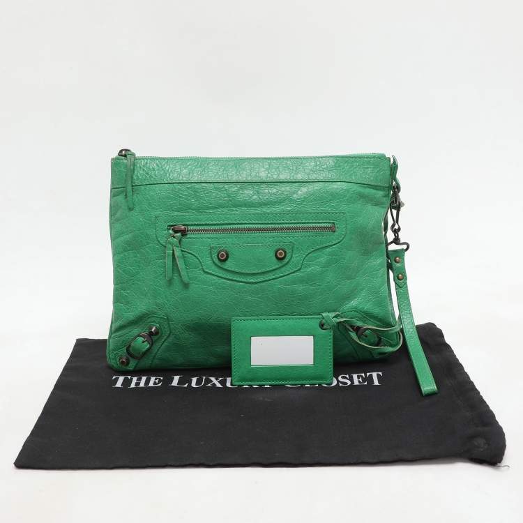 Pre Owned Balenciaga Green Leather Flat Clutch